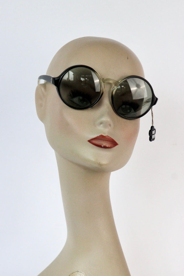 1960s Vintage Oversized Round Sunglassses with Tag. Black and Crystal Frame With Dark Tone Lenses.