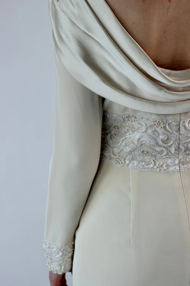 Black Tie Olga Cassini Classic Cream Long Bridal Sheath with Shawl Collar//Beaded Sequins Band//Column//Size M