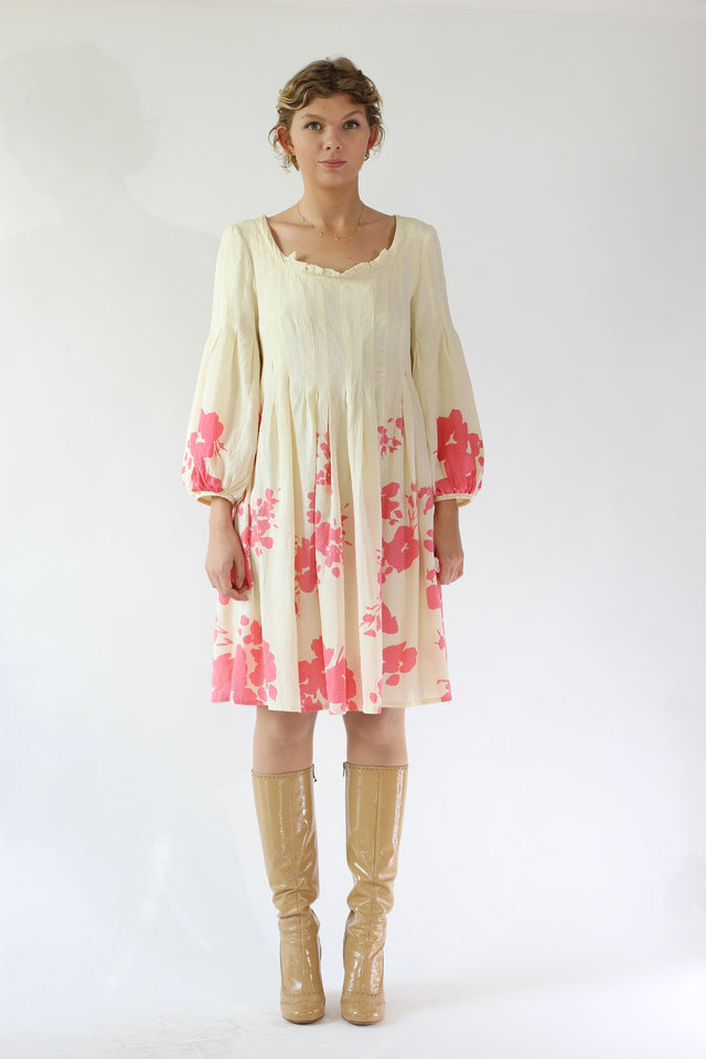 Y2K Vintage Ivory Dress with Pink Flowers//Danish Design//Size M