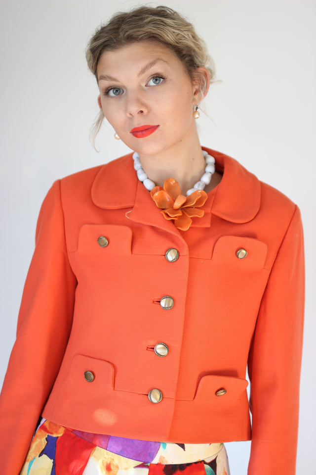 1960s Vintage Orange Short Wool Jacket with Golden Metal Buttons // Size S/M