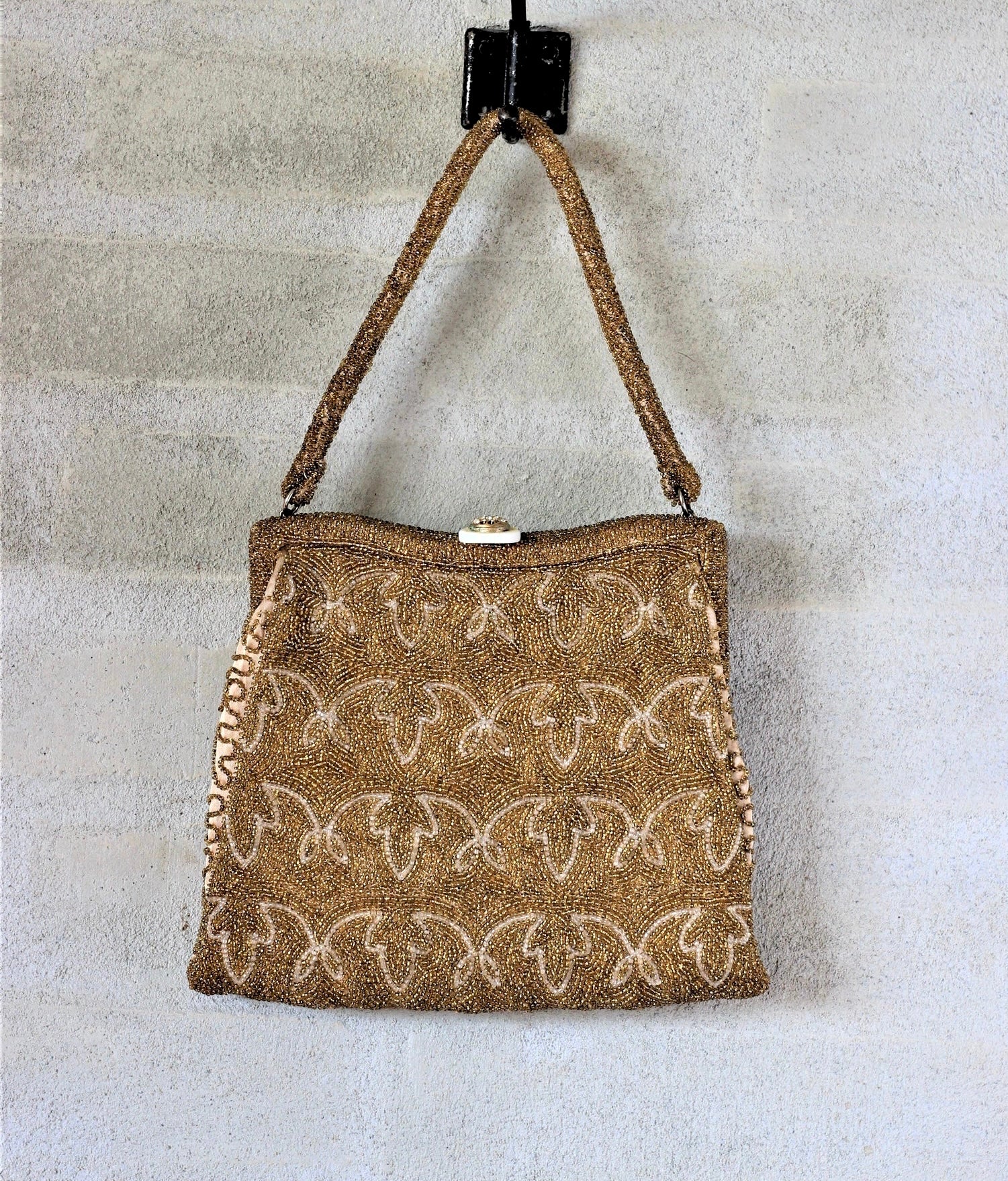 1950s Vintage Golden/Clear Beaded Top Handle Purse/Bag//Rhinestone Closure