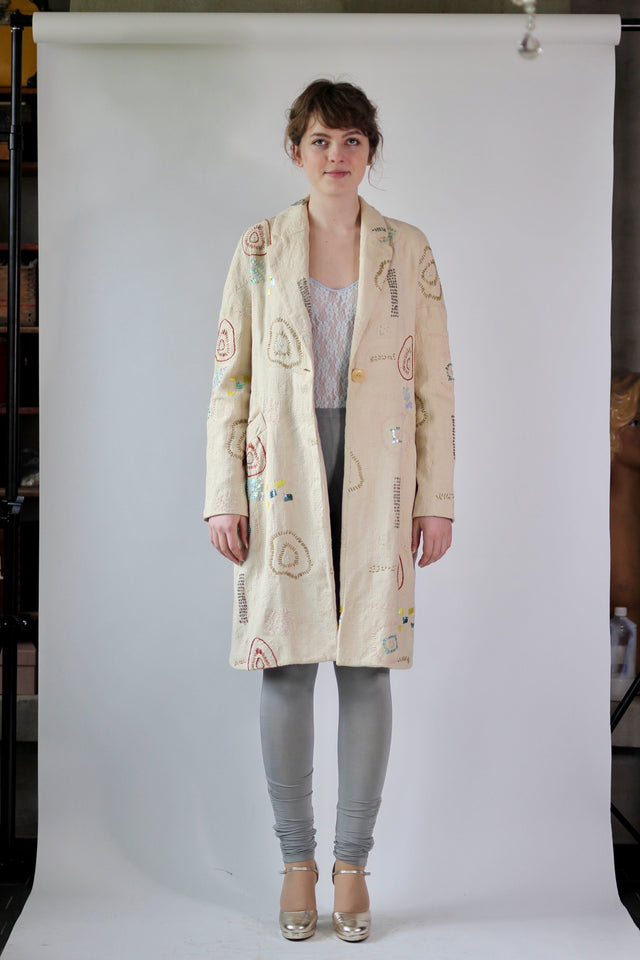 Y2K Embroidered Cream Coat//Danish Design //Size S/M