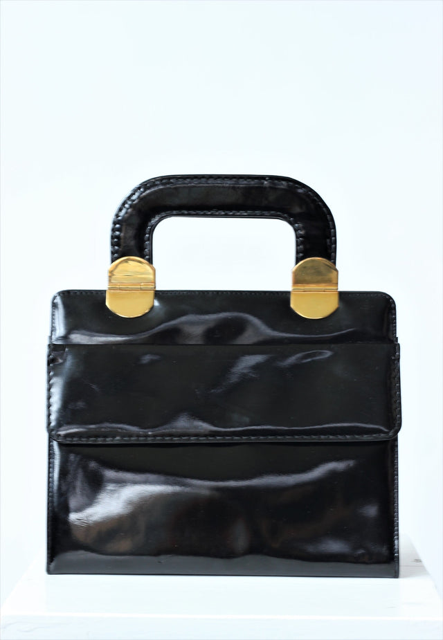 1980s Vintage Black Patent Leather Box Hand Bag