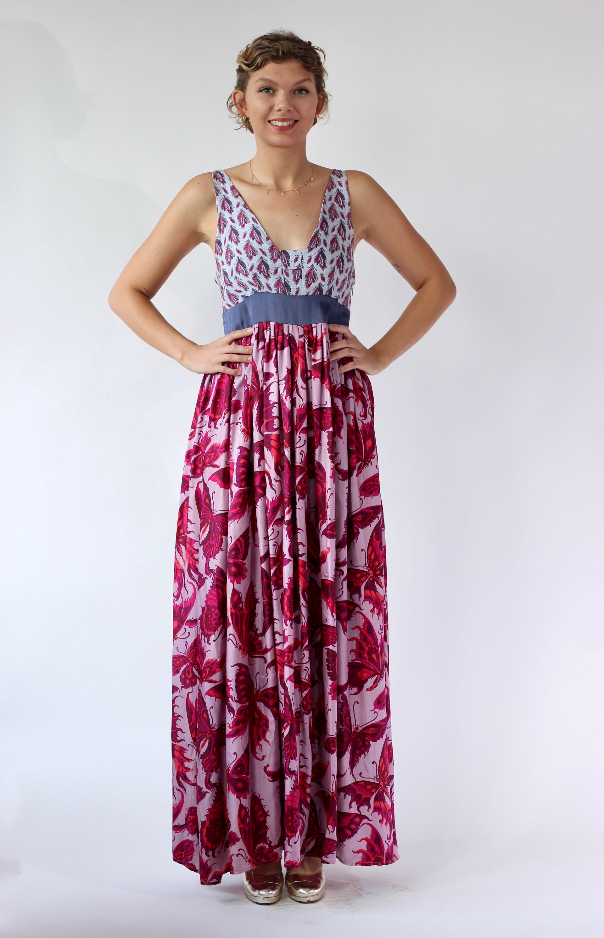 Y2K Purple Silk Maxi Silk Dress//Butterfly Print//Danish Design//Size L/XL