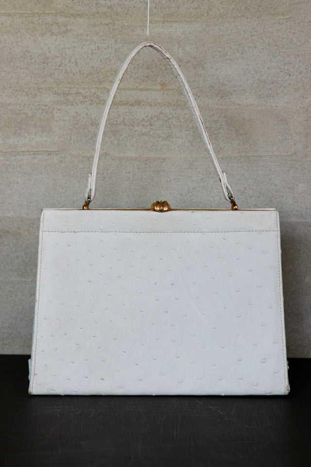 1960s Vintage White Ostrich Leather Top Handle Bag/Purse