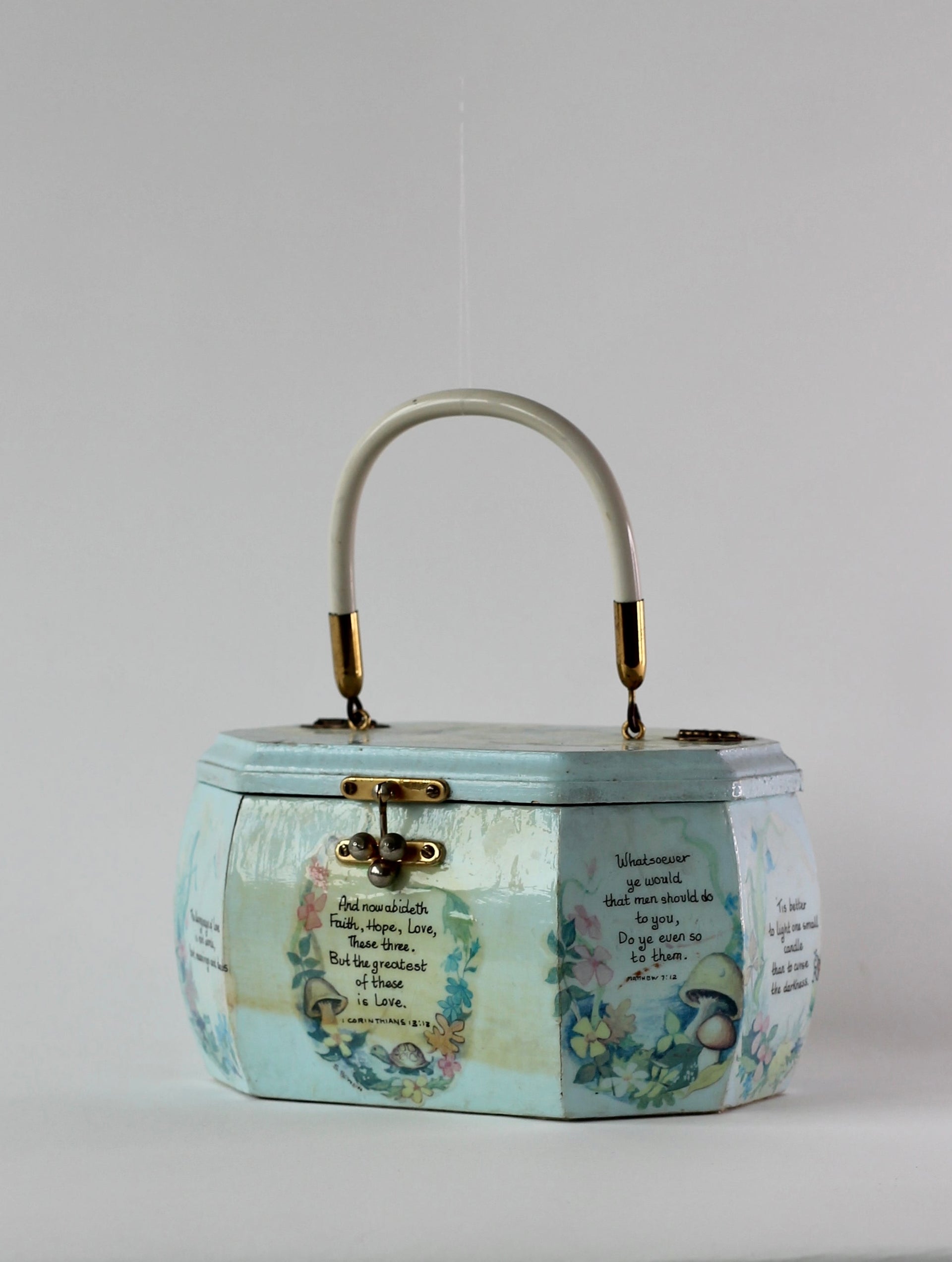 1960s Vintage Pale Blue Wooden Handle Box Bag