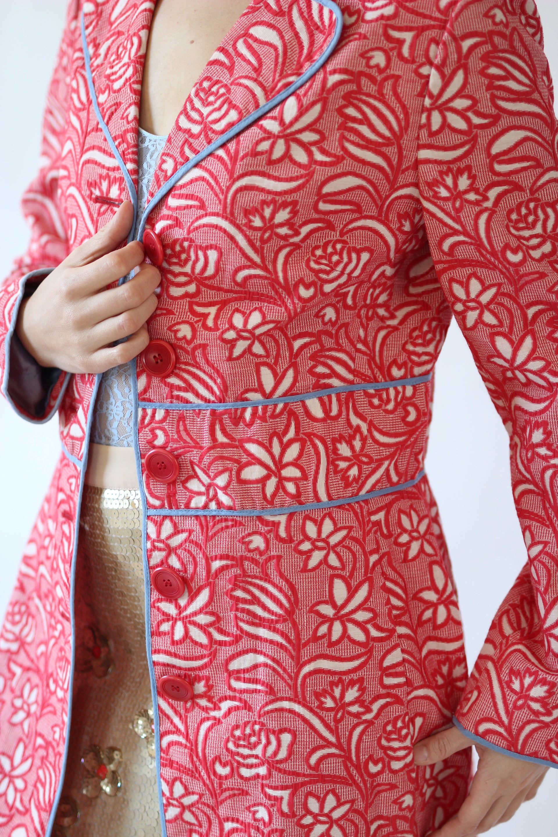Y2K Vintage Red and White Brocade Coat//Size M