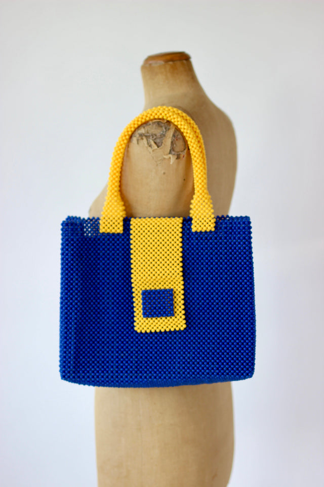 Vintage Beaded Handbag in Blue and Yellow Plastic Beads