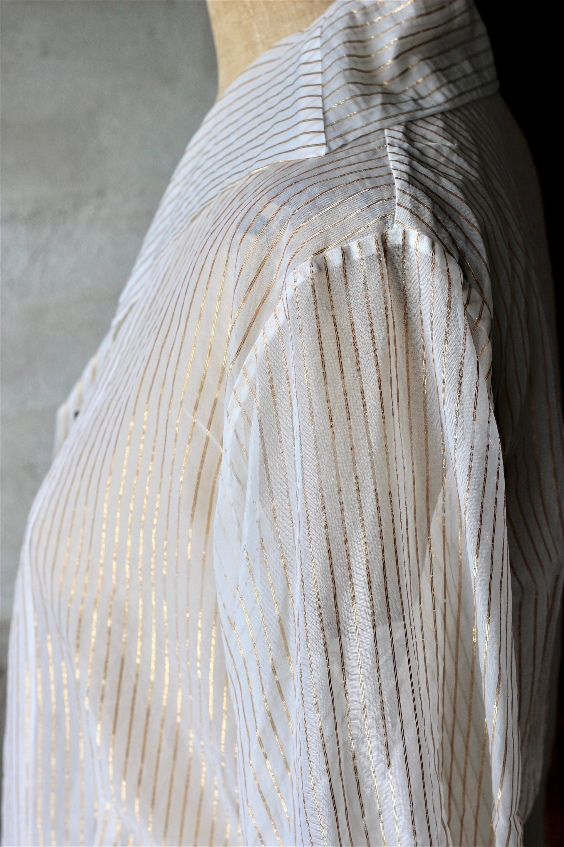 1950s Ivory Sheer Blouse With Golden Lines & Cufflinks/Size M