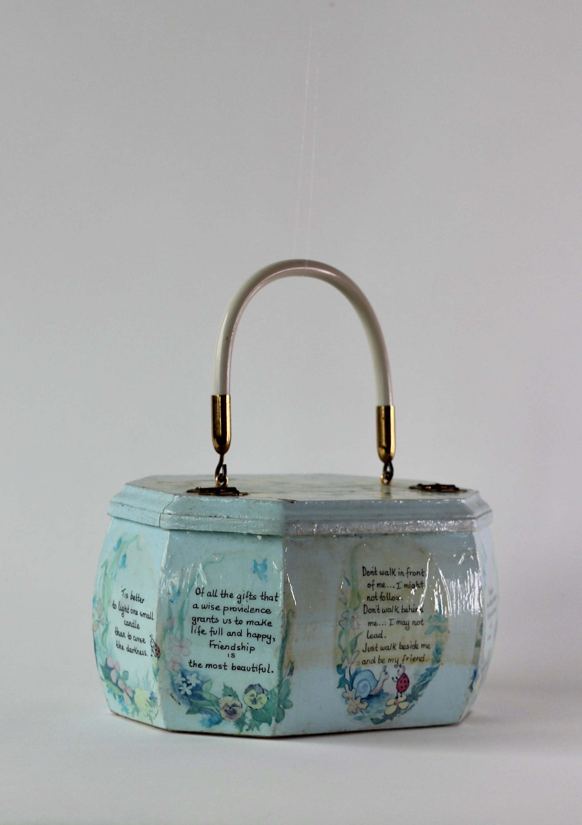 1960s Vintage Pale Blue Wooden Handle Box Bag