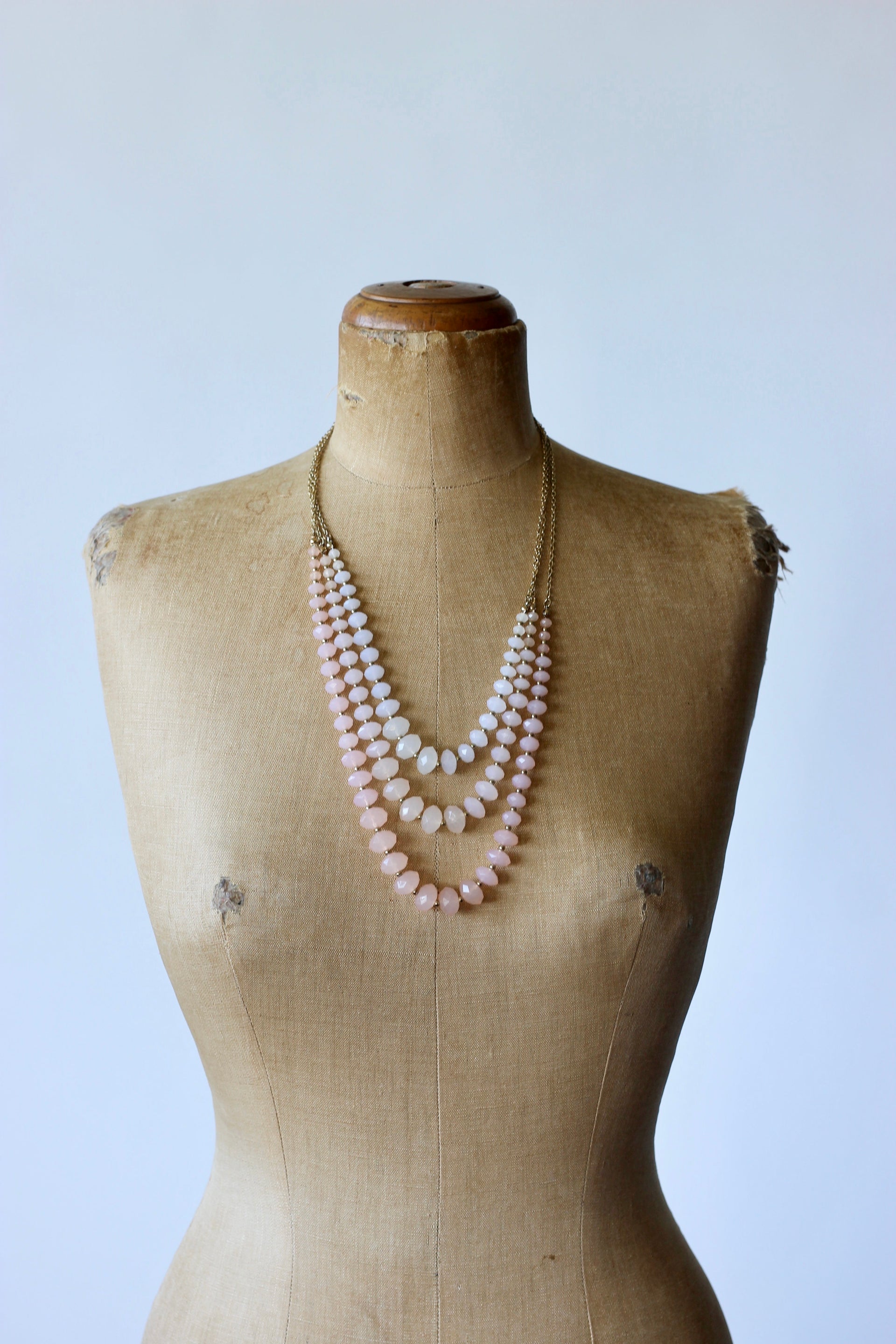 1970s 3 Stand in Faux Rose Quartz Necklace