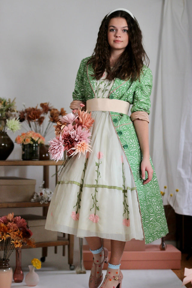 Y2K Vintage Green Brocade Coat//Danish Design//Size M/L