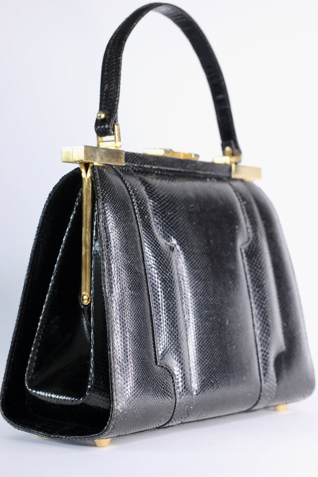 1950s Vintage Black Leather Top Handle Bag