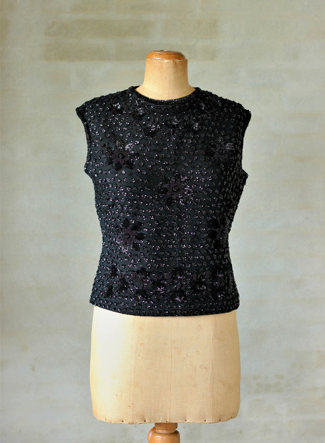 1960s Black Sequin Wool Top/Blouse/Beaded Flowers // Size M