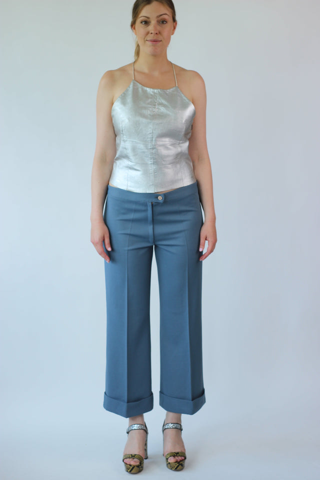 1970s Vintage Blue Flare Short Leg Pants//Size L