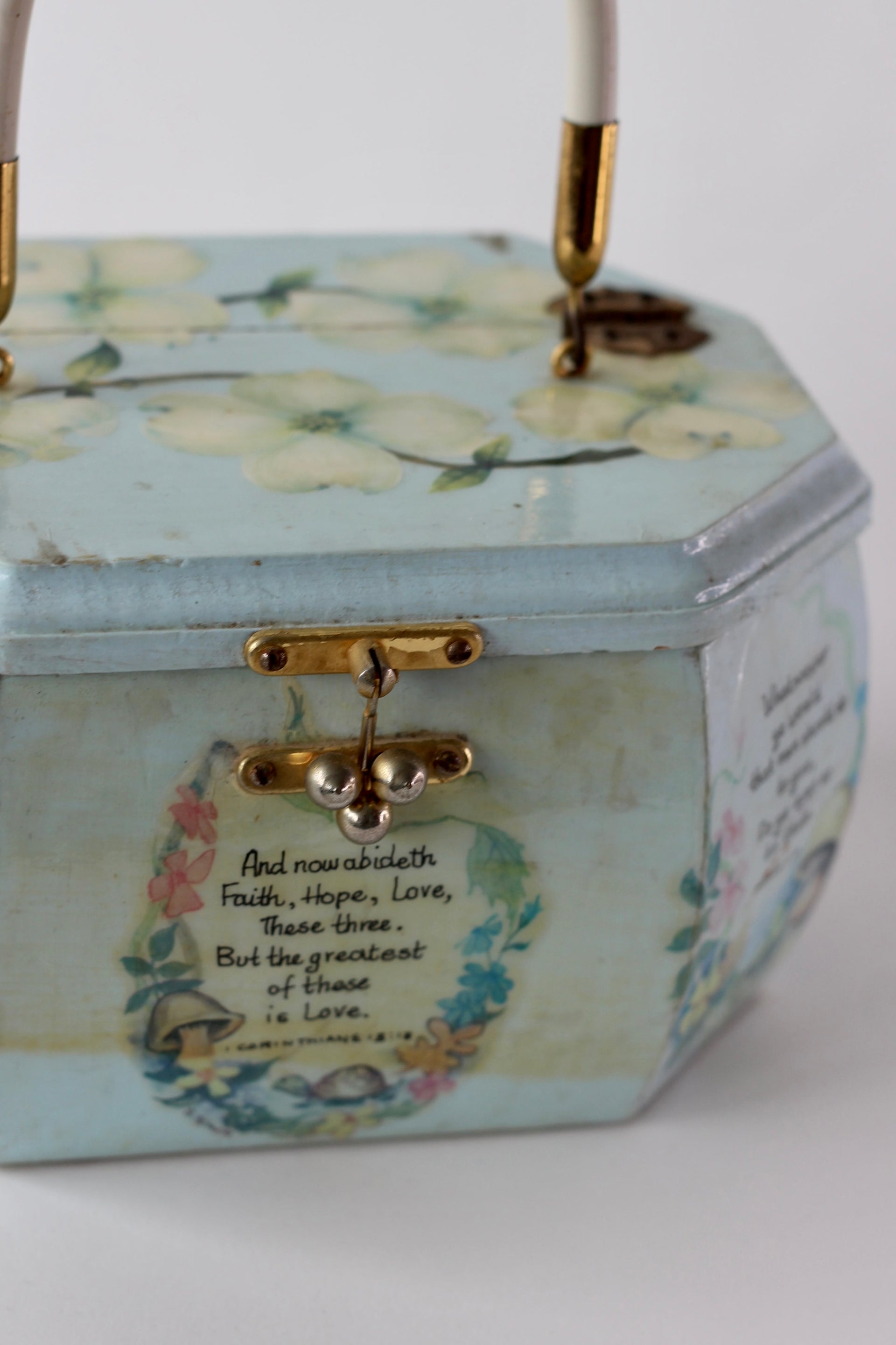 1960s Vintage Pale Blue Wooden Handle Box Bag
