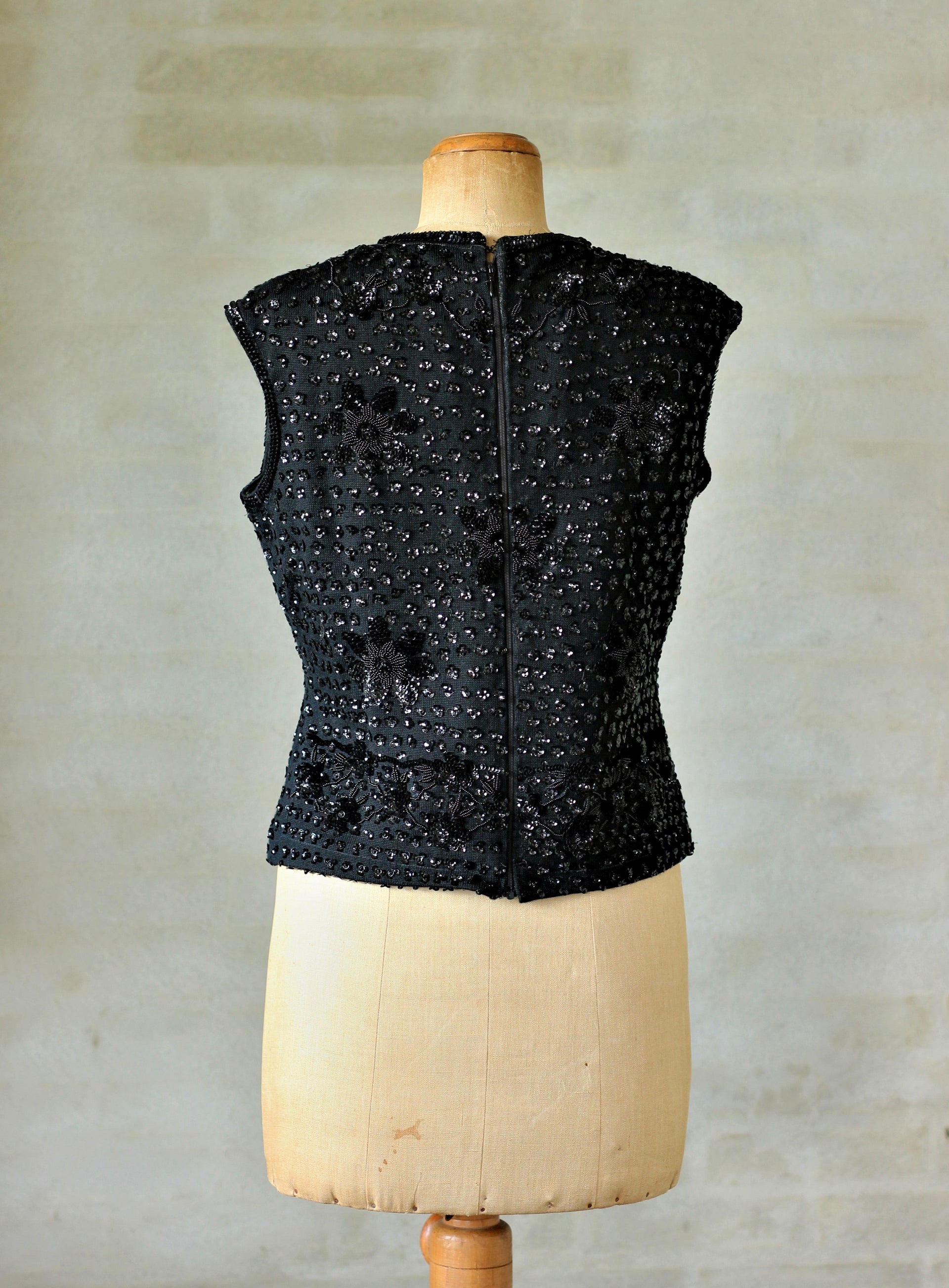 1960s Black Sequin Wool Top/Blouse/Beaded Flowers // Size M