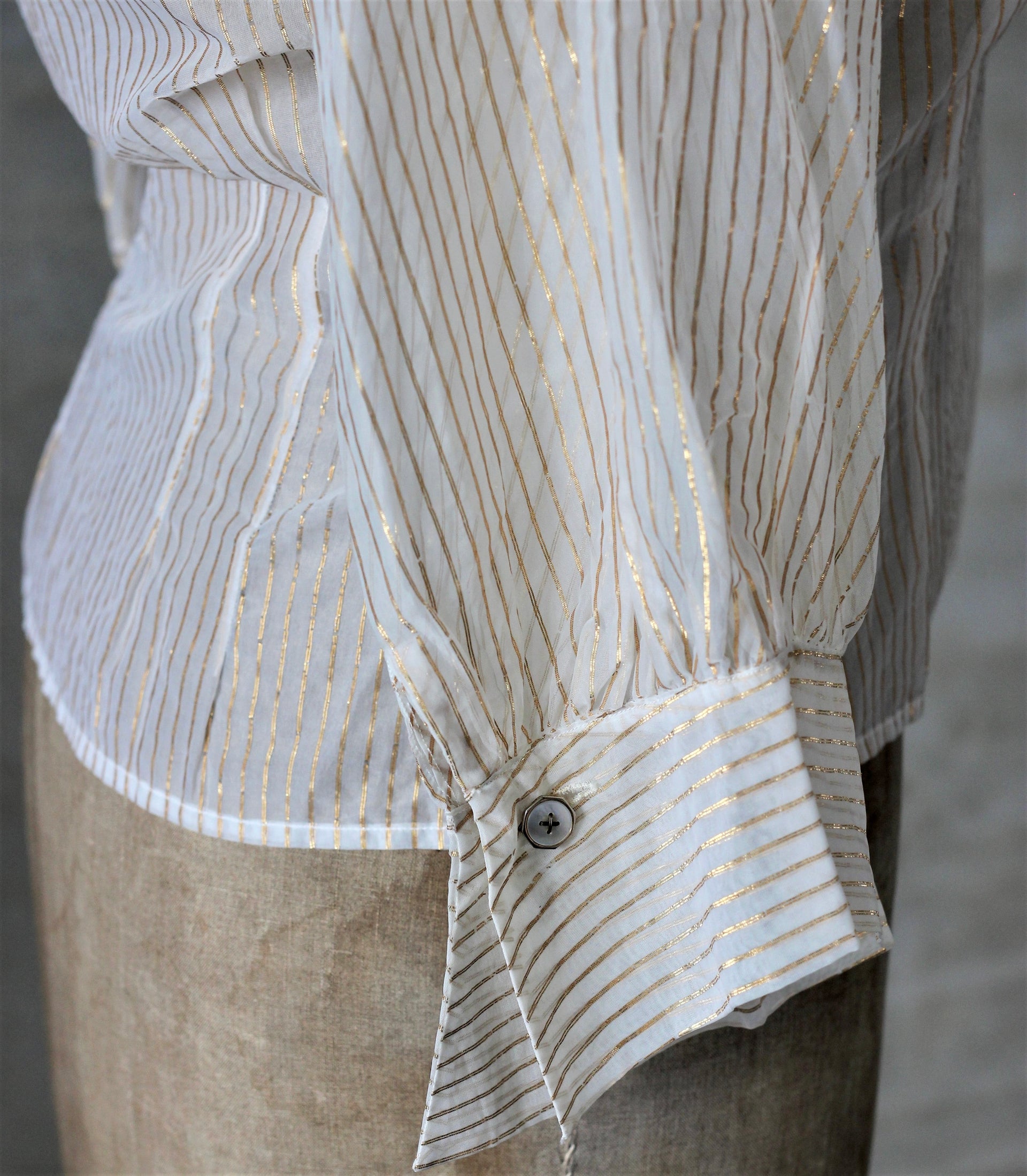 1950s Ivory Sheer Blouse With Golden Lines & Cufflinks/Size M