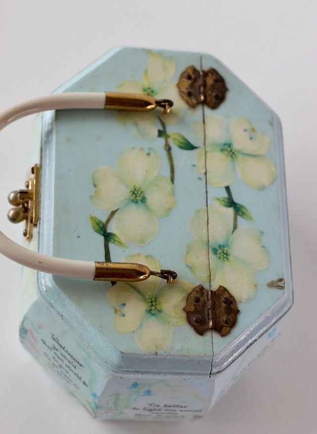 1960s Vintage Pale Blue Wooden Handle Box Bag