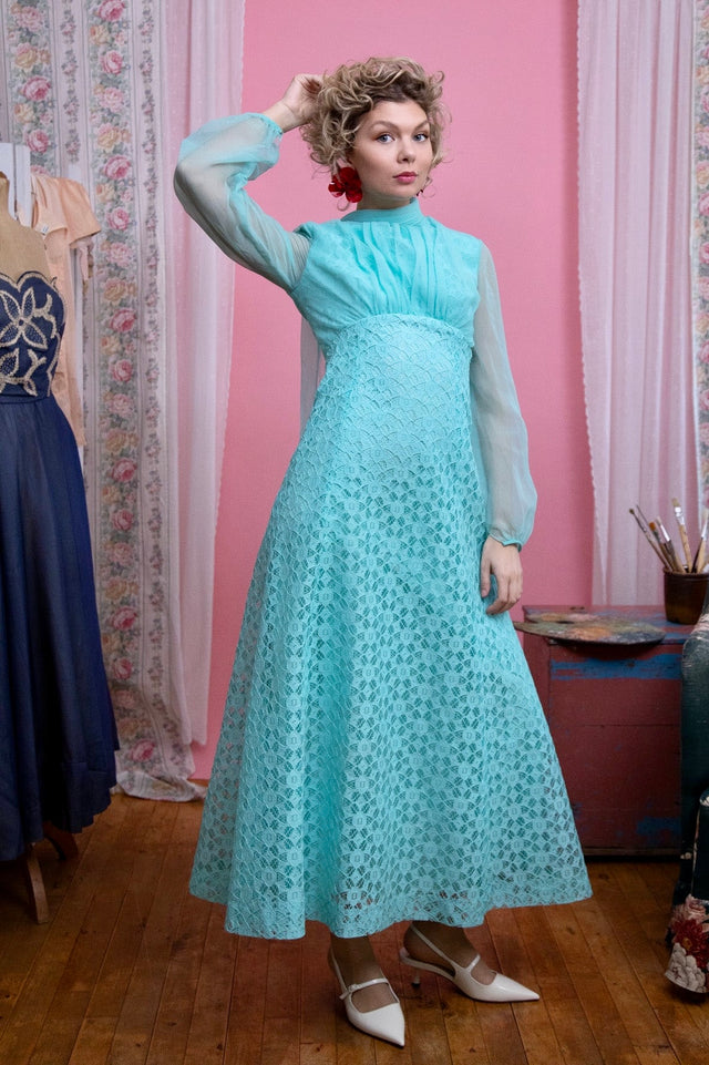 1960s 1970s Vintage Turquoise Maxi Sheer Lace Dress//Size S