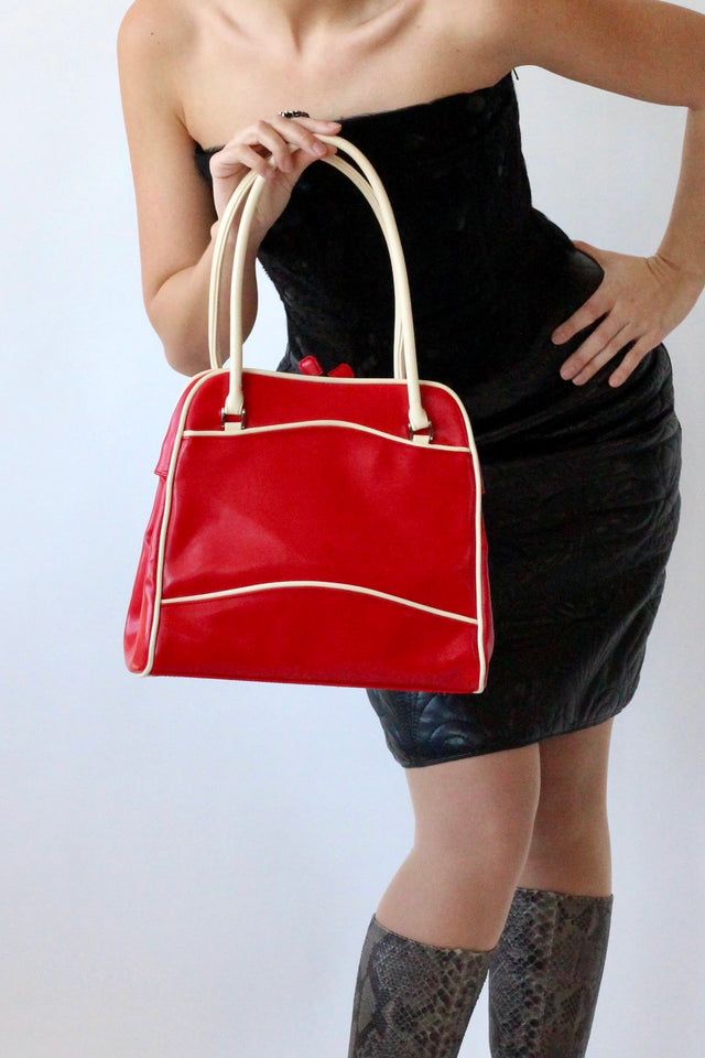 1970s Vintage Red and White Vinyl Top Handle Bag/Purse