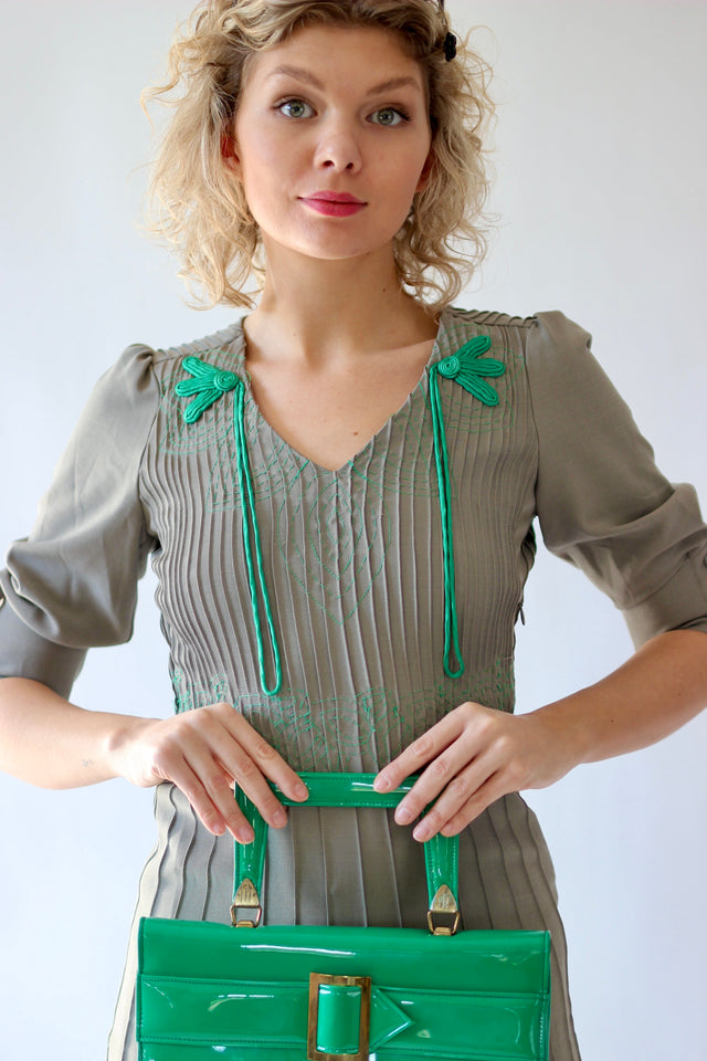 Vintage Grey Mini Dress with Green Embroidery//Size XS