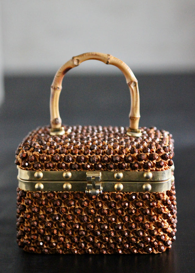 1950s Box Bag with Plastic Beads and Bamboo Handle