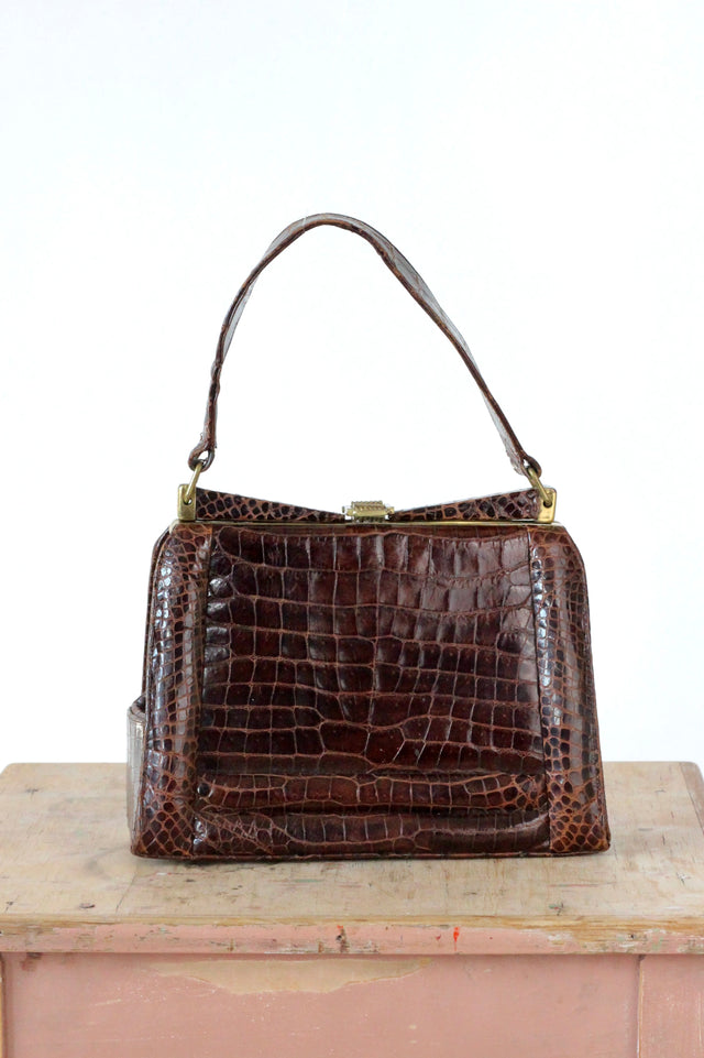 1950s Leather Top Handle Bag with Golden Closure