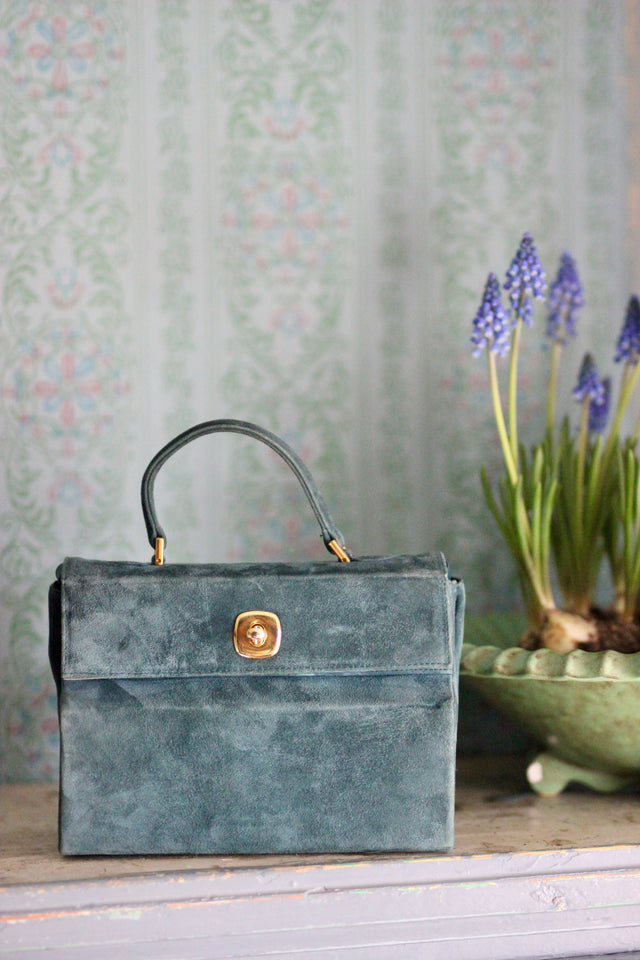 Vintage Charles Jourdan, Paris Dusty Blue Suede Leather Tophandle/Shoulder Bag