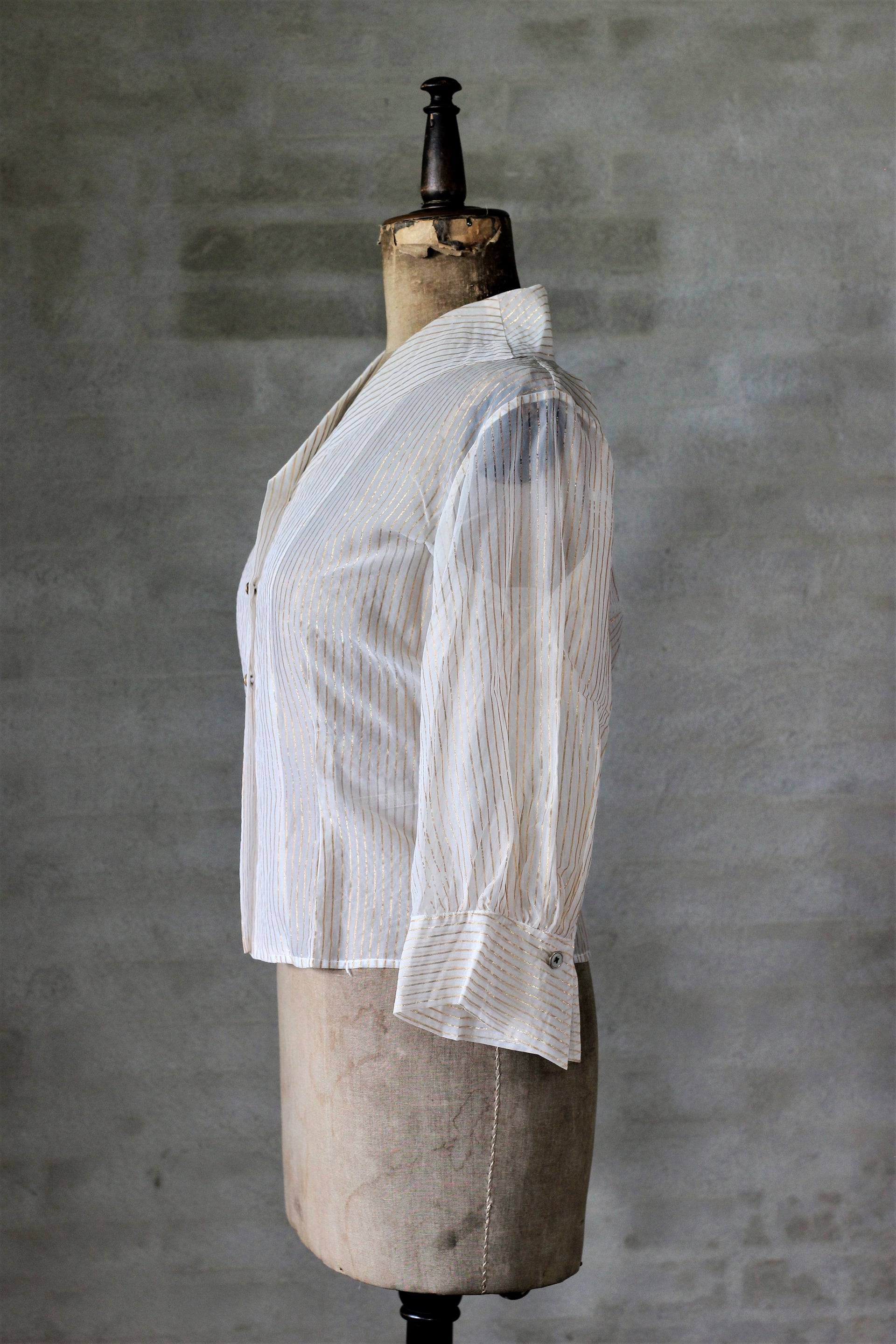 1950s Ivory Sheer Blouse With Golden Lines & Cufflinks/Size M