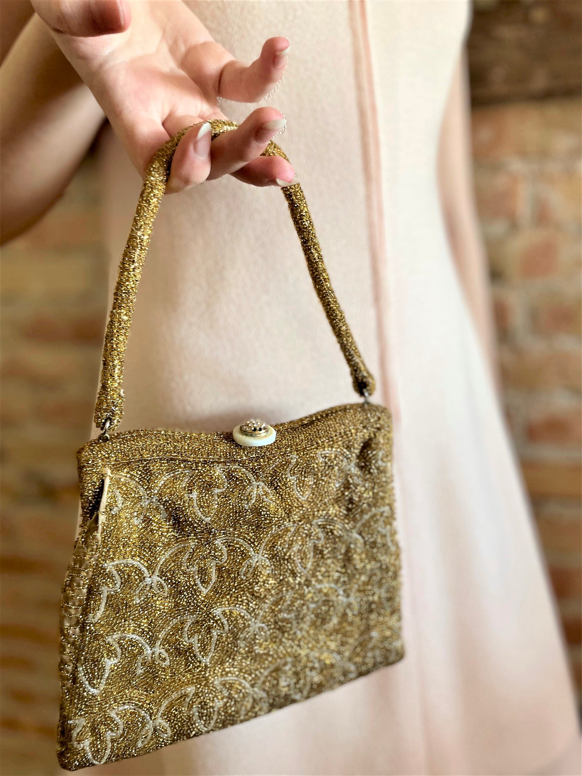 1950s Vintage Golden/Clear Beaded Top Handle Purse/Bag//Rhinestone Closure