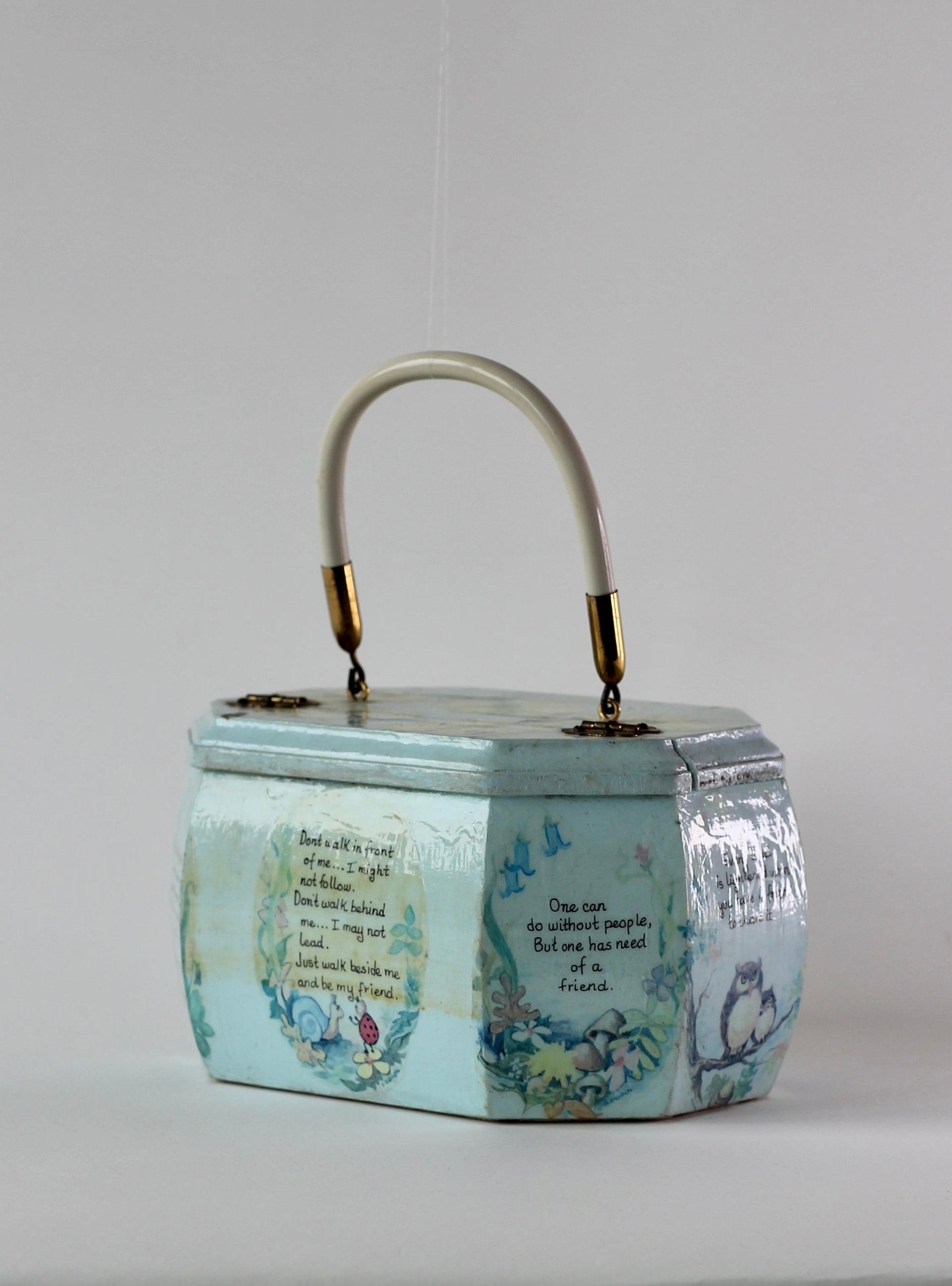 1960s Vintage Pale Blue Wooden Handle Box Bag