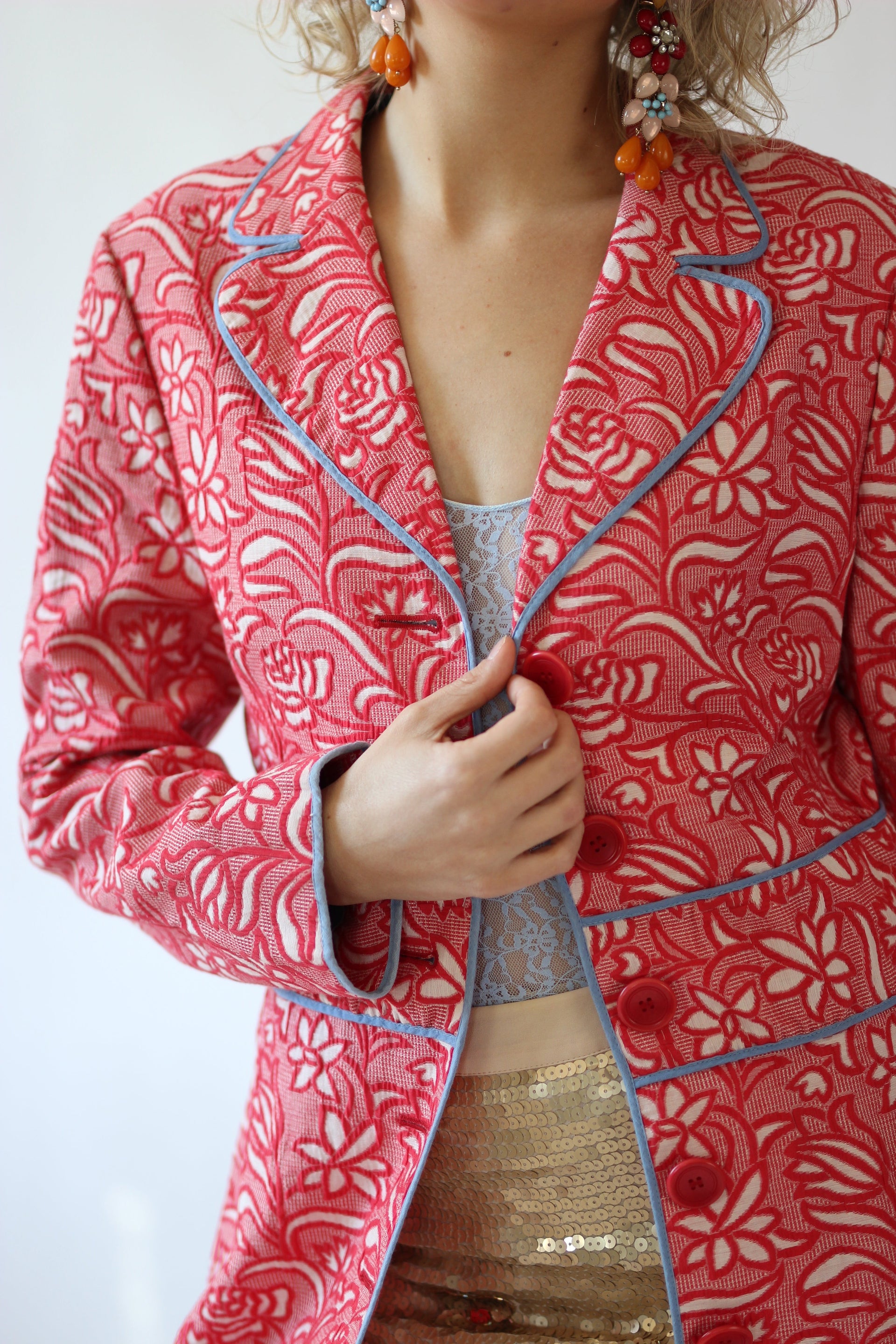 Y2K Vintage Red and White Brocade Coat//Size M