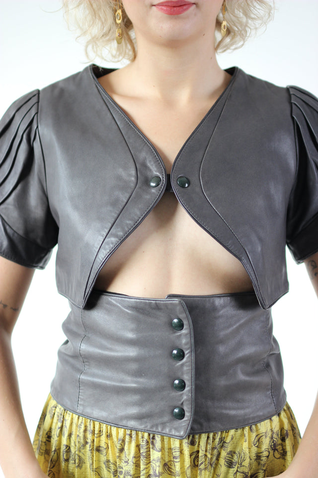 Y2K Vintage Grey Leather Crop Jacket//Danish Design//Size M/L