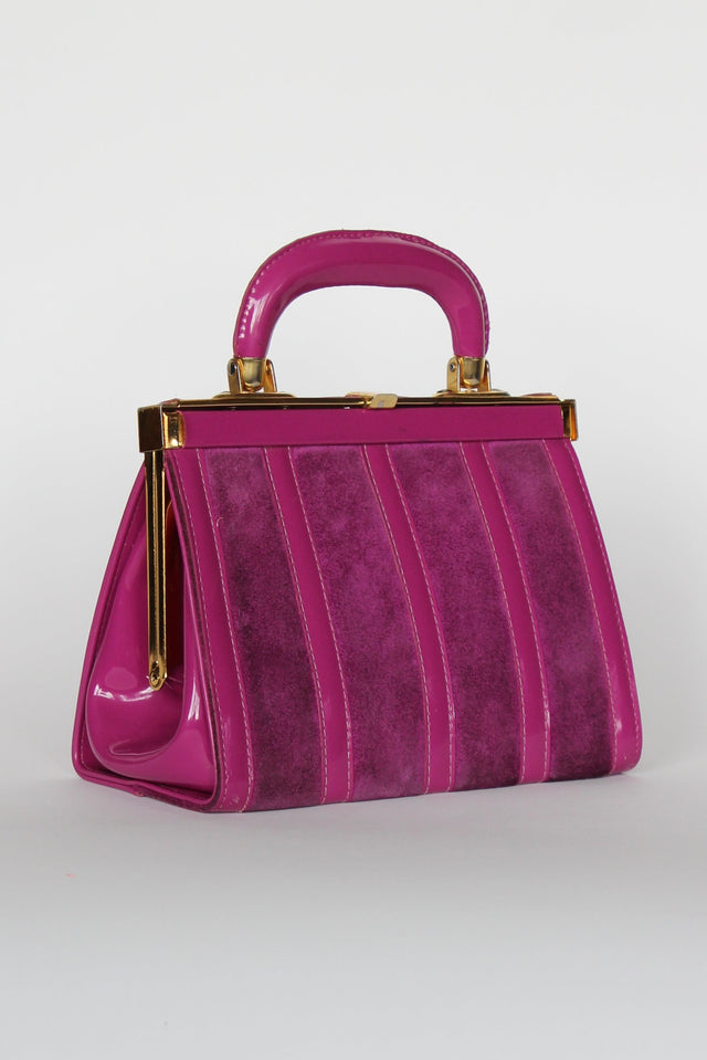 1960s Vintage Purple Sued and Vinyl Top Handle Bag/Purse with Golden Closure.