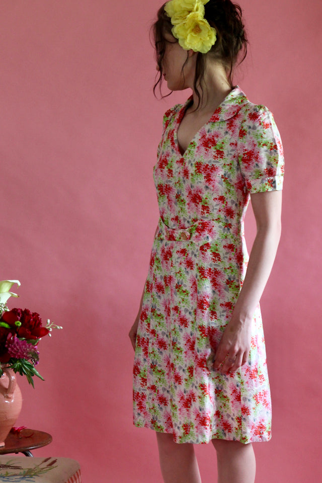Y2K White Silk Dress with Bright Flower Print//Danish Design//Size S