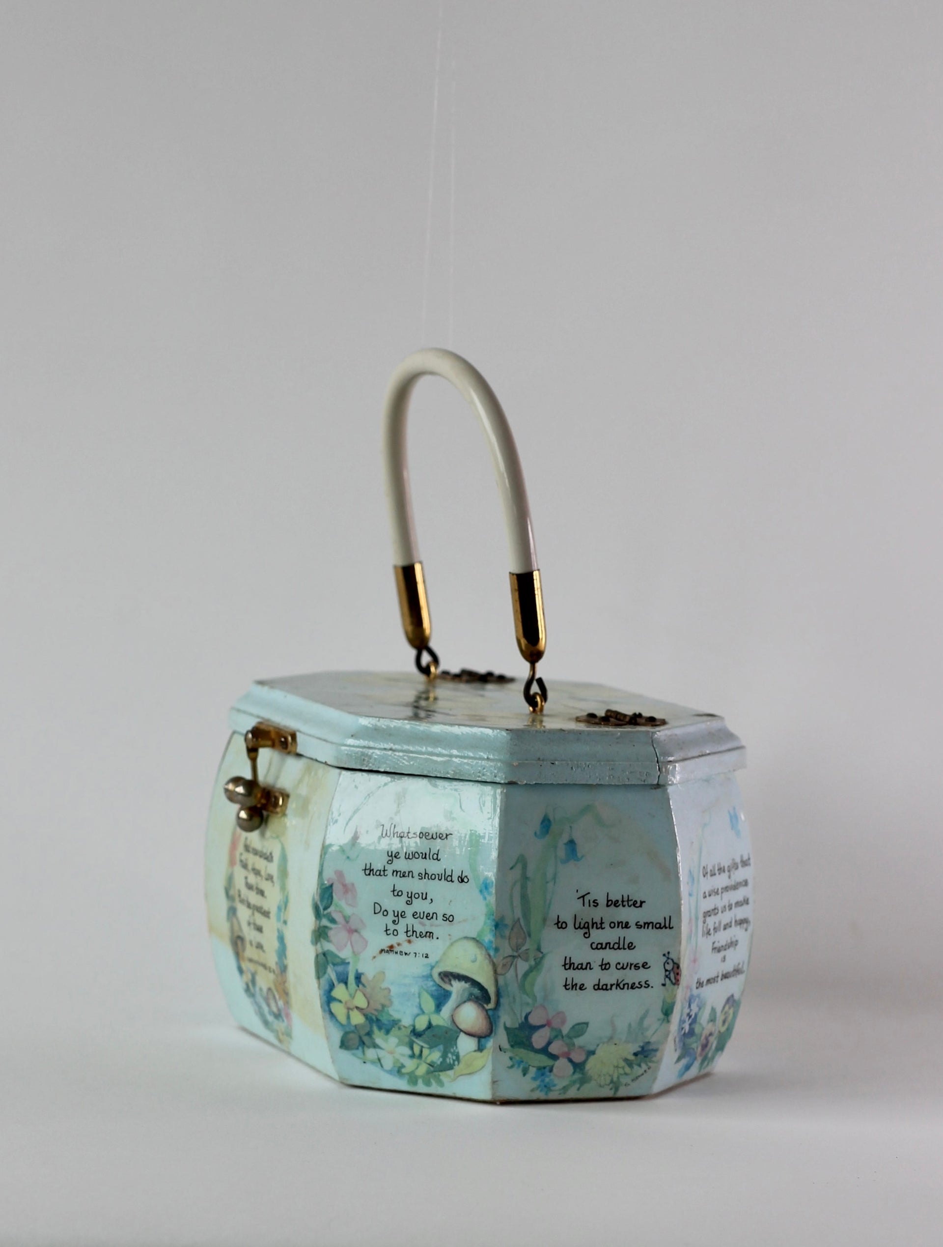 1960s Vintage Pale Blue Wooden Handle Box Bag