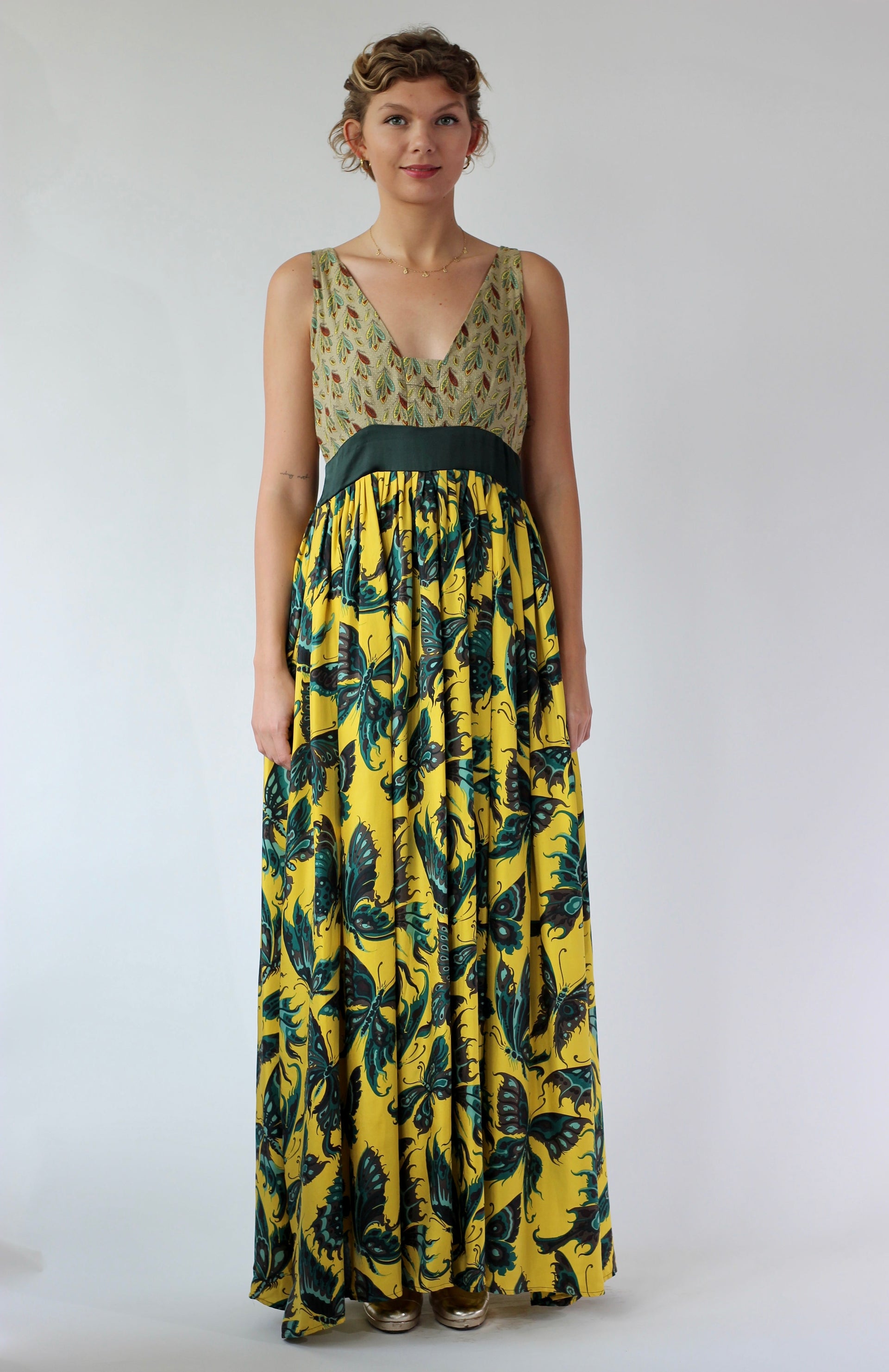Y2K Yellow Silk Maxi Silk Dress//Butterfly Print//Danish Design//Size L