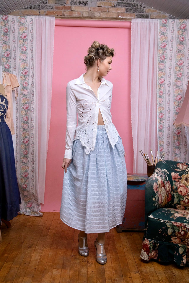1940s Vintage Light Blue Skirt in Ruffled Fabric//Size S/M