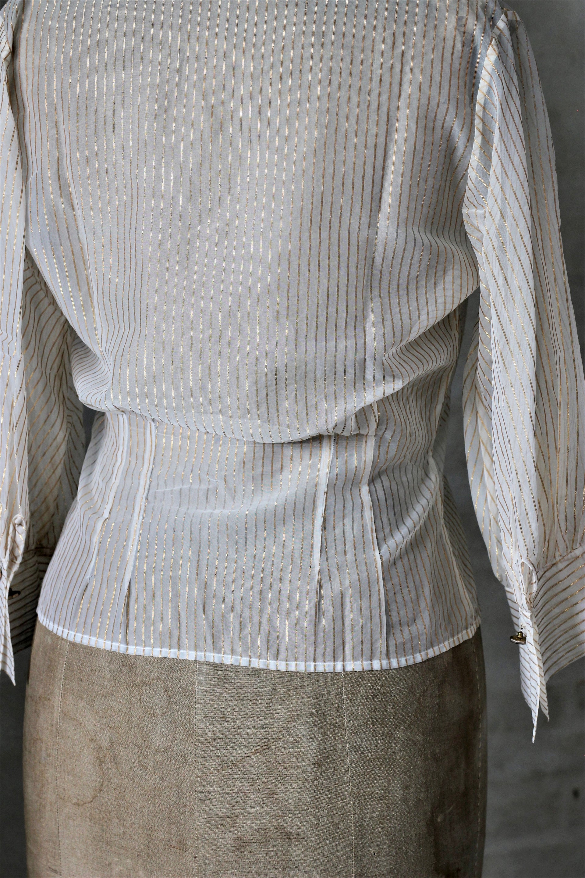 1950s Ivory Sheer Blouse With Golden Lines & Cufflinks/Size M