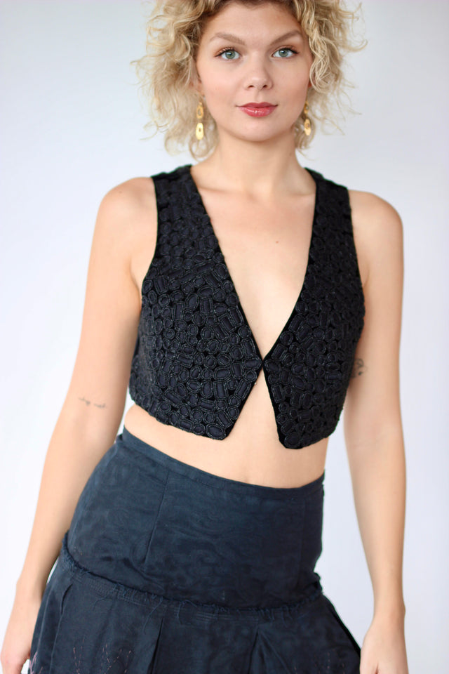 Vintage Y2K Black Beaded Silk/Velvet Vest // Danish Design // Size M