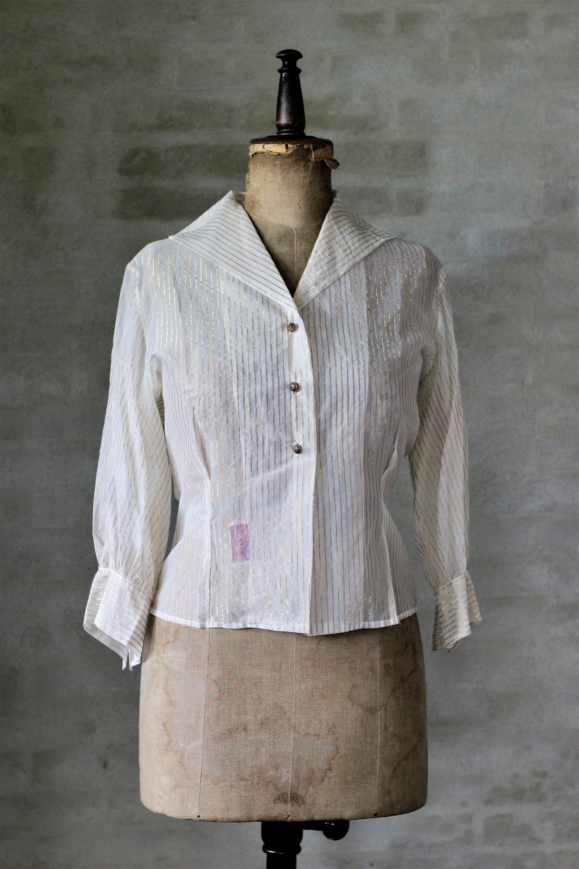 1950s Ivory Sheer Blouse With Golden Lines & Cufflinks/Size M