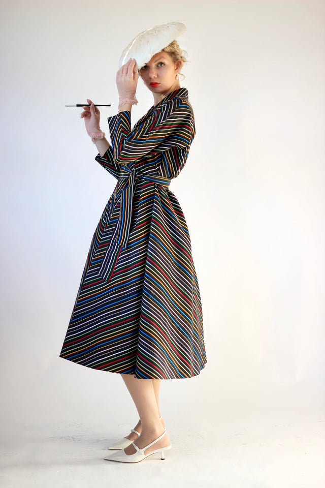 1940s Vintage Black Rainbow Striped Wrap Shirt Dress//Size S-L