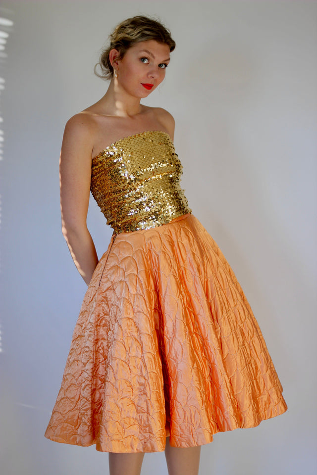 1950s Vintage Copper Quilted Circle Skirt//Size S