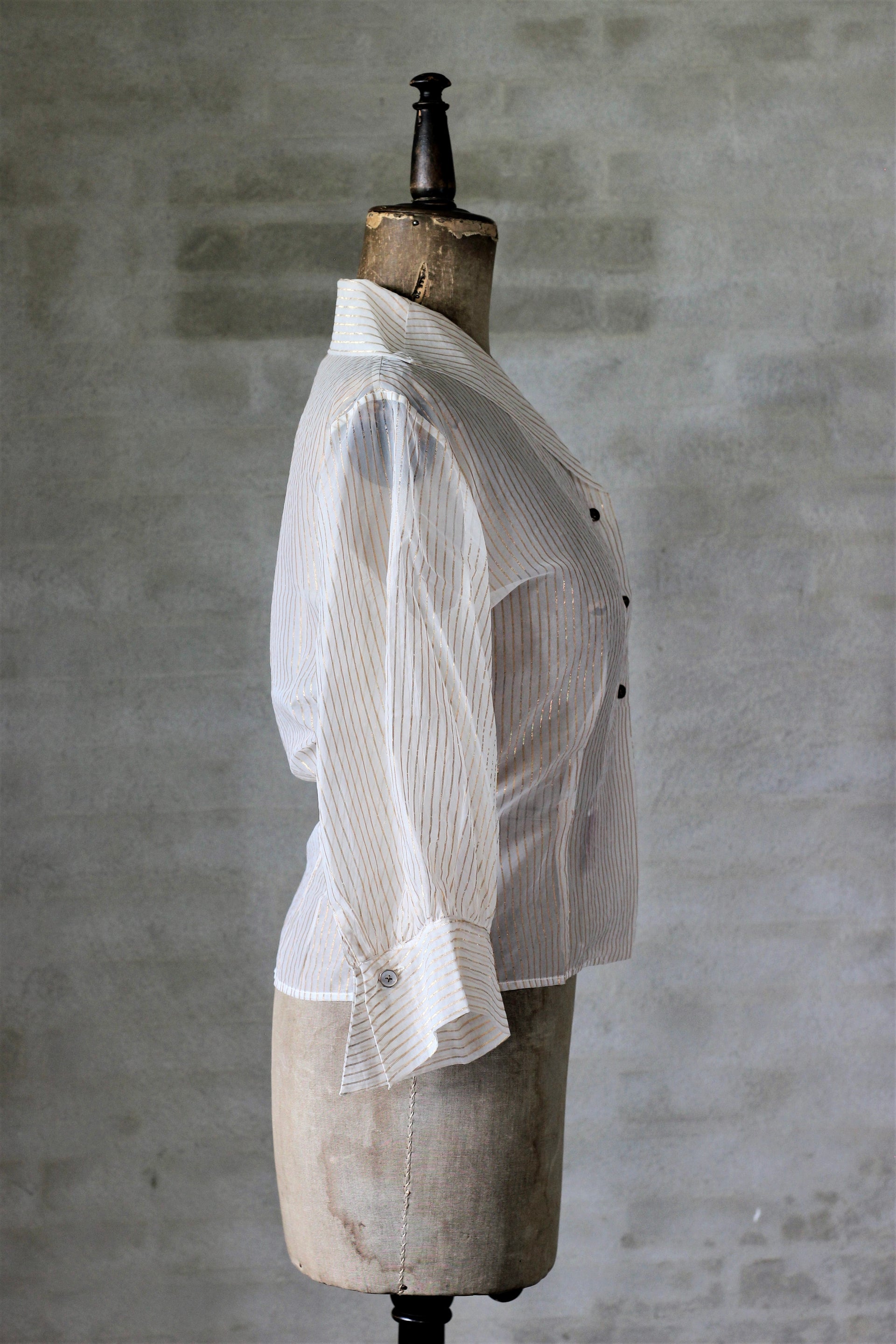 1950s Ivory Sheer Blouse With Golden Lines & Cufflinks/Size M
