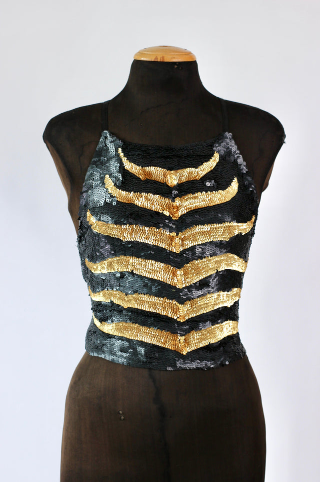 1980s Vintage Sequin Backlees Top// Size XS/S