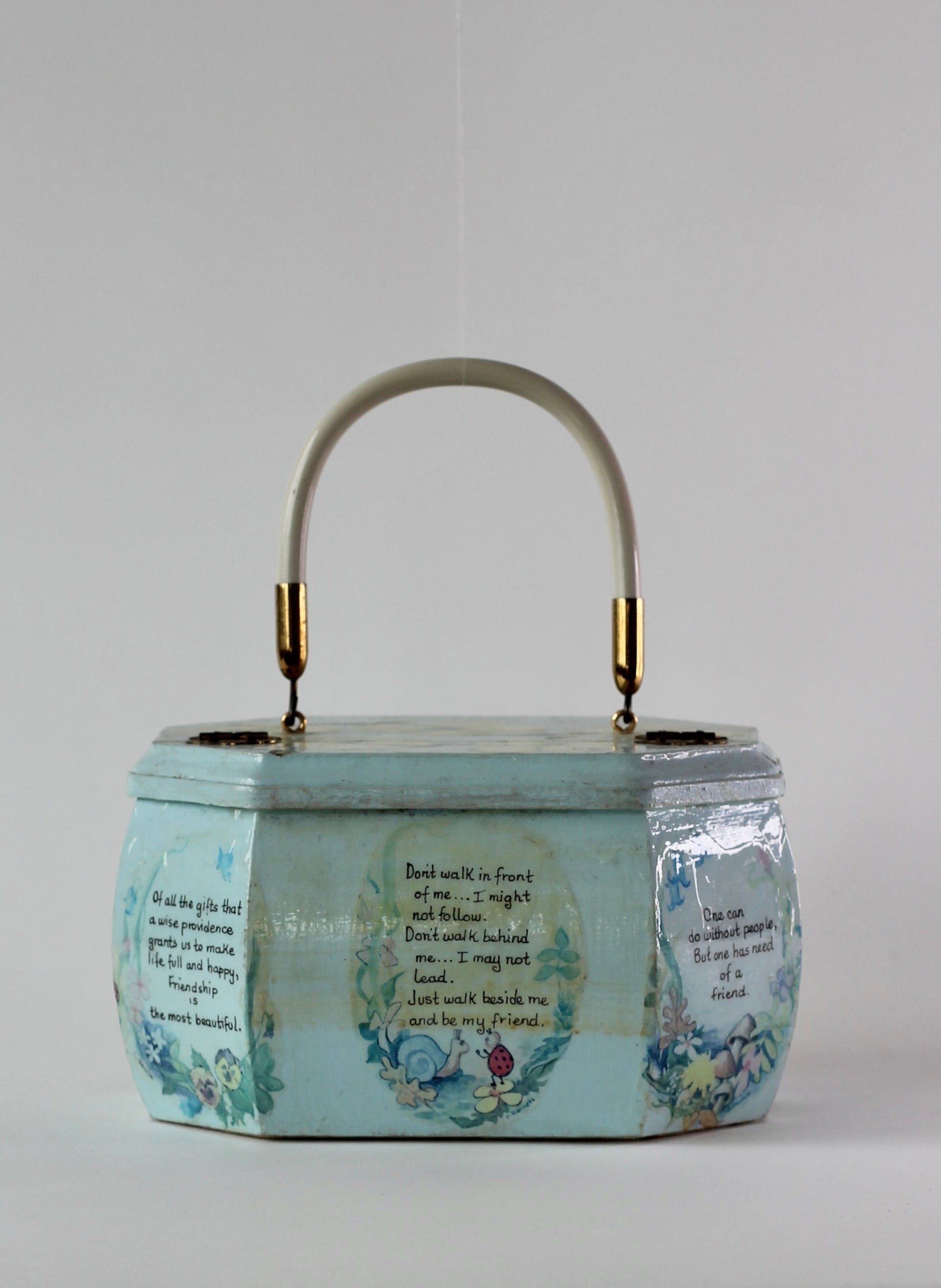1960s Vintage Pale Blue Wooden Handle Box Bag