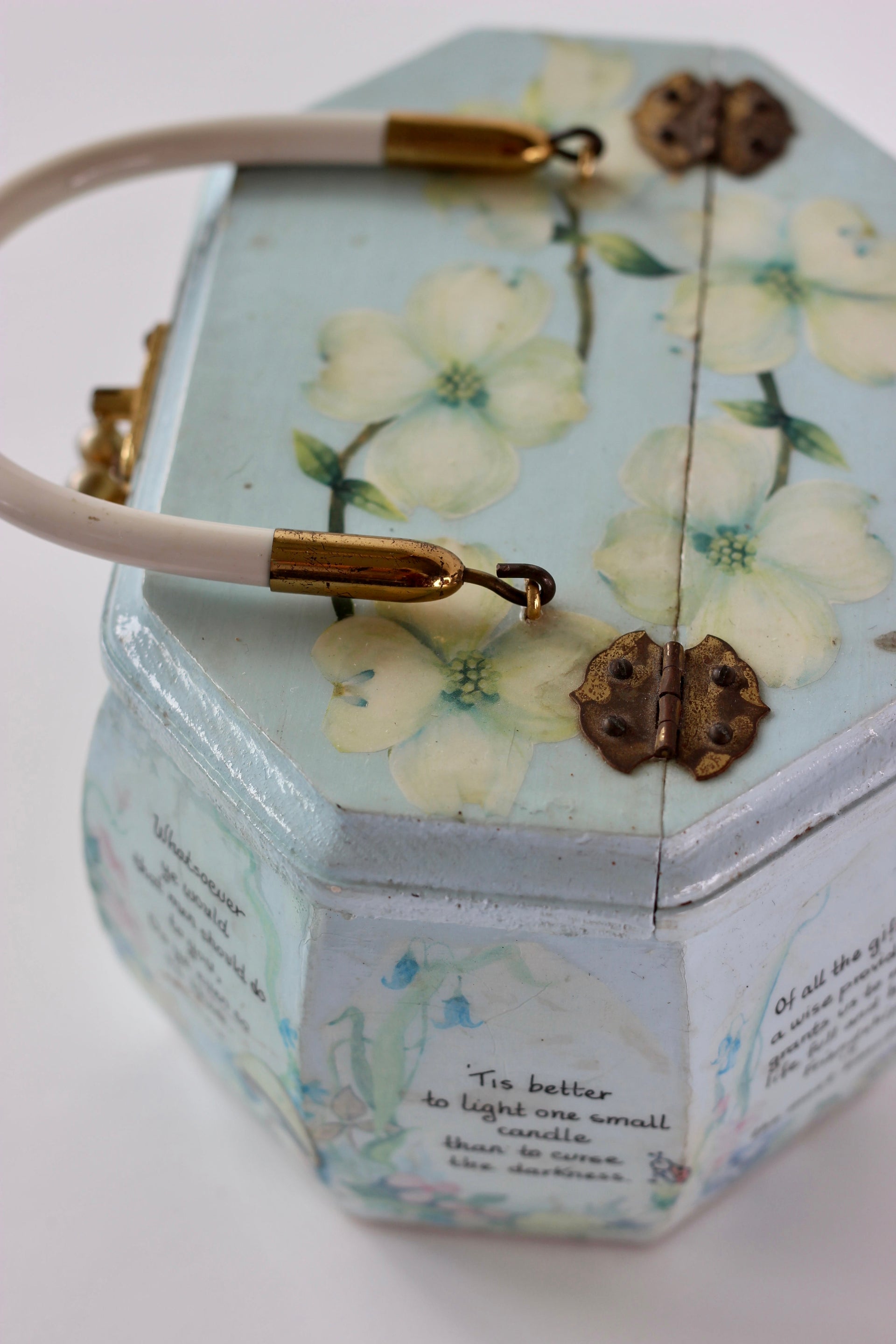 1960s Vintage Pale Blue Wooden Handle Box Bag