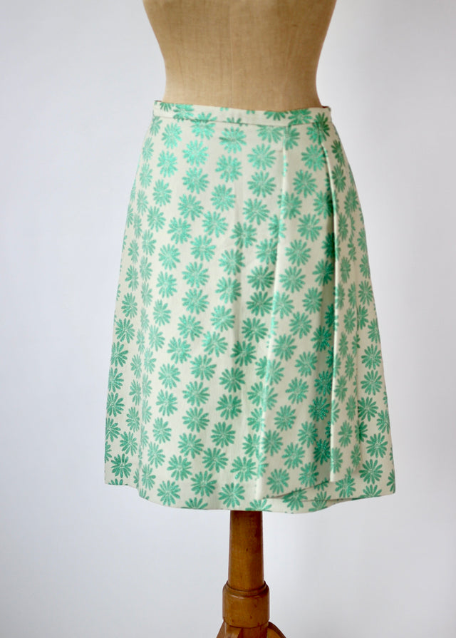 Vintage Y2K Ivory Skirt with Green Flowers // Danish Design // Size M