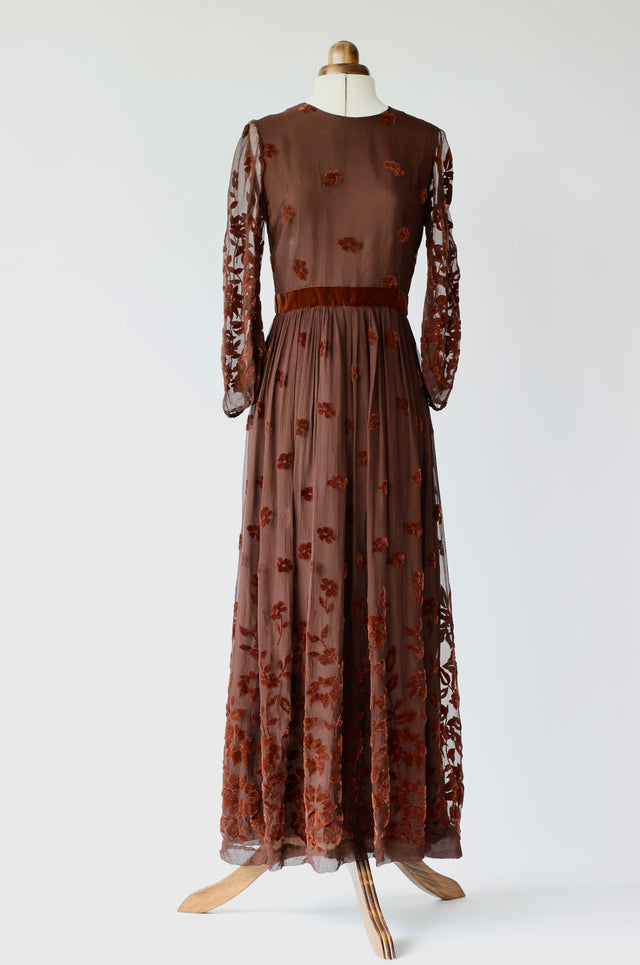 1930s Vintage Long Brown Sheer Dress with Velvet Flowers//Evening Dress//Size S